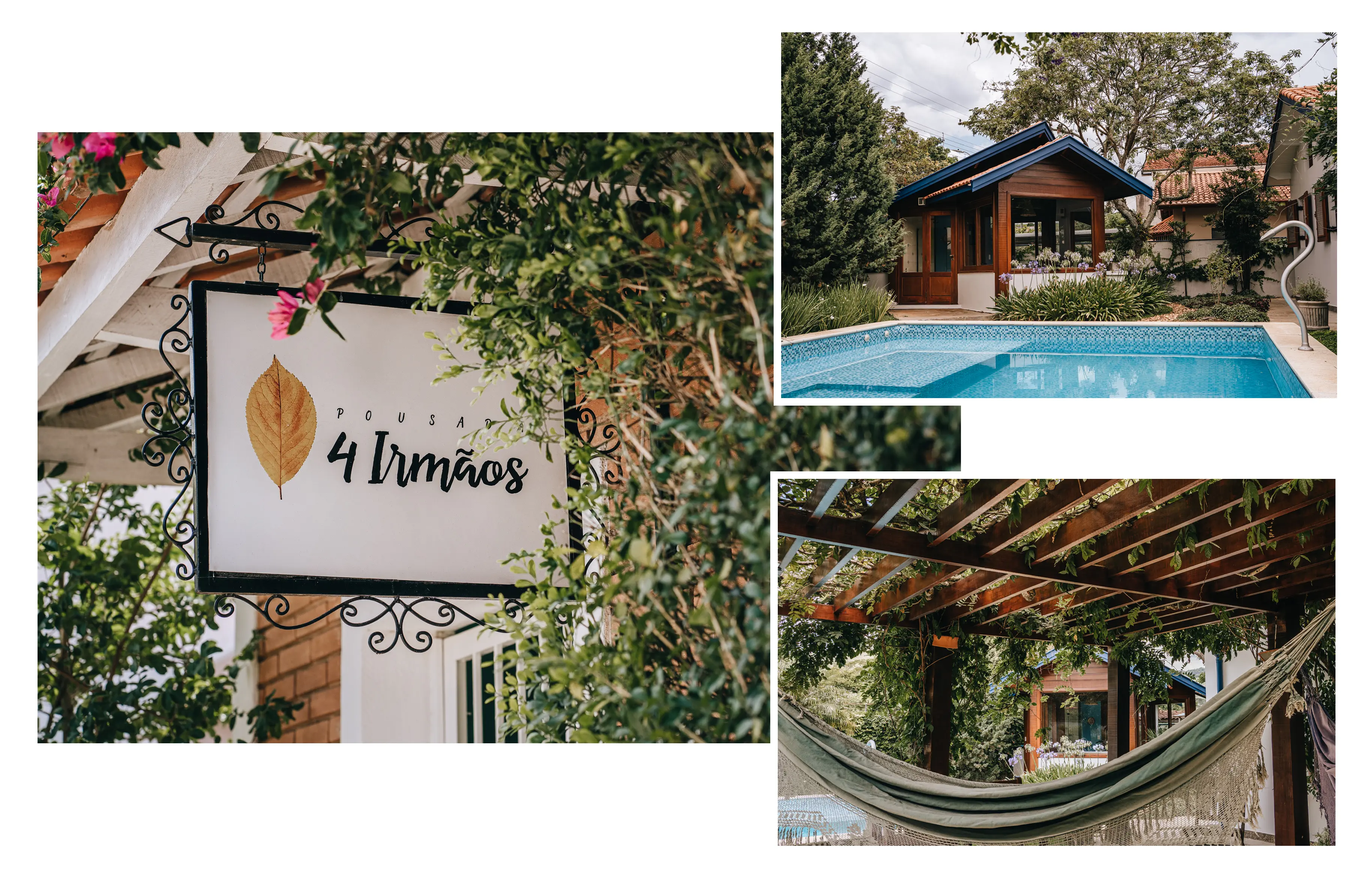 Fachada da Pousada 4 Irmãos rodeada por montanhas e vegetação